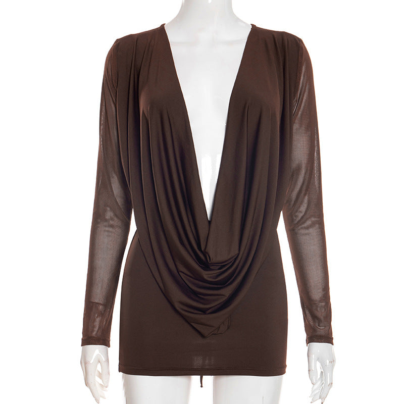 Strapped Top Open-neck Mesh Long-sleeve Dress