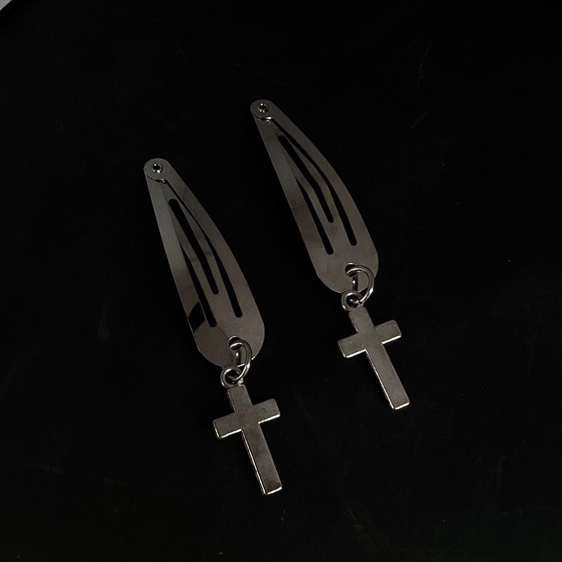 Silver Metal Edge Clip Cross Love Flower Chain Hairpin