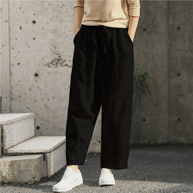 Cropped Pants Loose Anti-cotton Linen Elastic-waist Wide-leg Pants Retro Art And Versatile Casual Pants