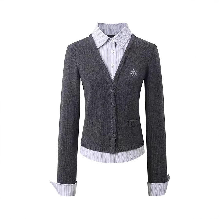 V-neck Fake Two-piece Knitted Cardigan For Women