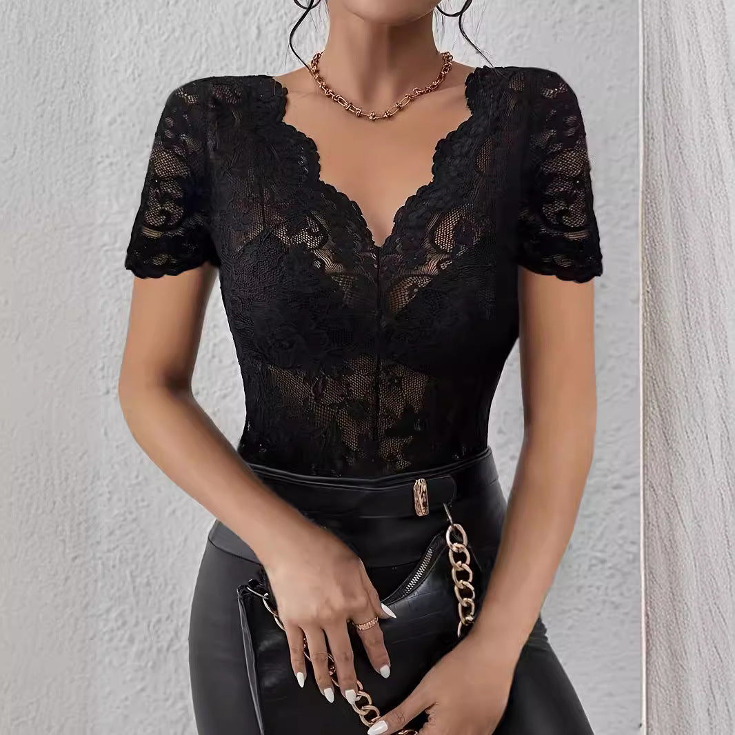 Fan-shaped V-neck Solid-color Lace Sexy Slim-fit Figure-flattering T-shirt Top