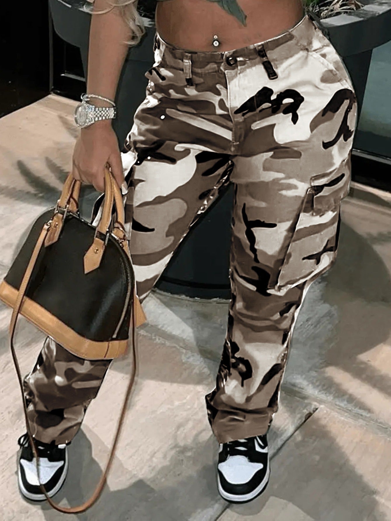 Plus Size Camouflage Jeans High Waist Multi-pocket Straight-leg Pants