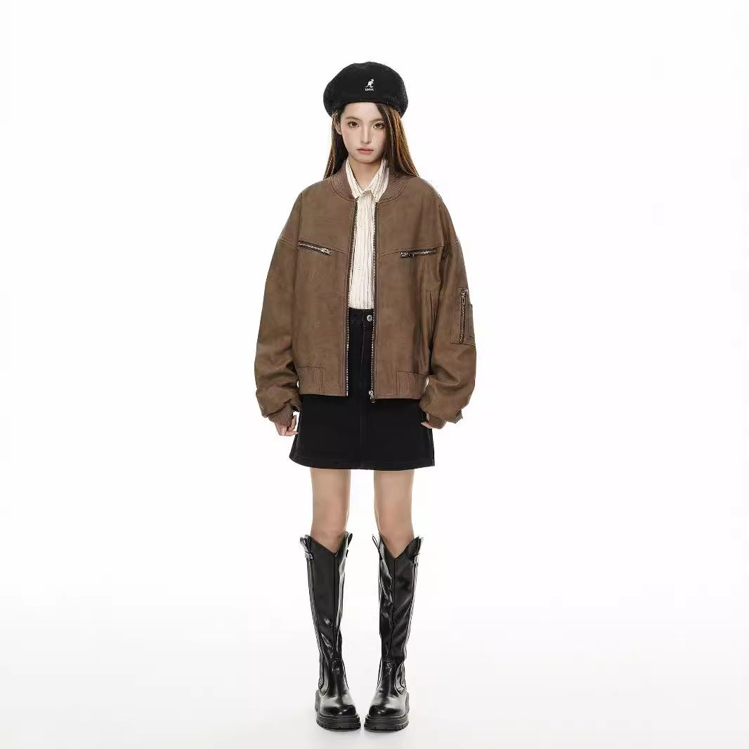 Women's Fashion Casual Imitation Leather Jacket Coat