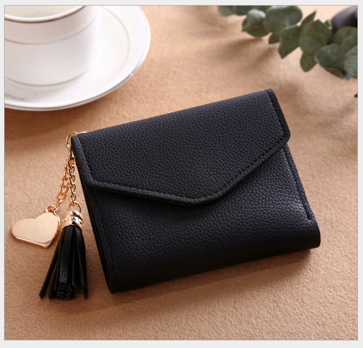 Women's short Korean version of the bag Tassel pendant lychee wallet multi-card position Clutch bag