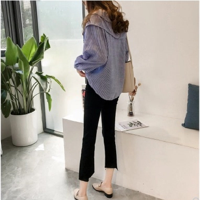 Temperament Commute Single-breasted Striped Pullover Lapel Shirt