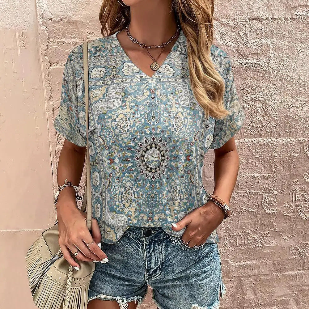 Women's Printed Short-sleeved Casual Top Street V-neck