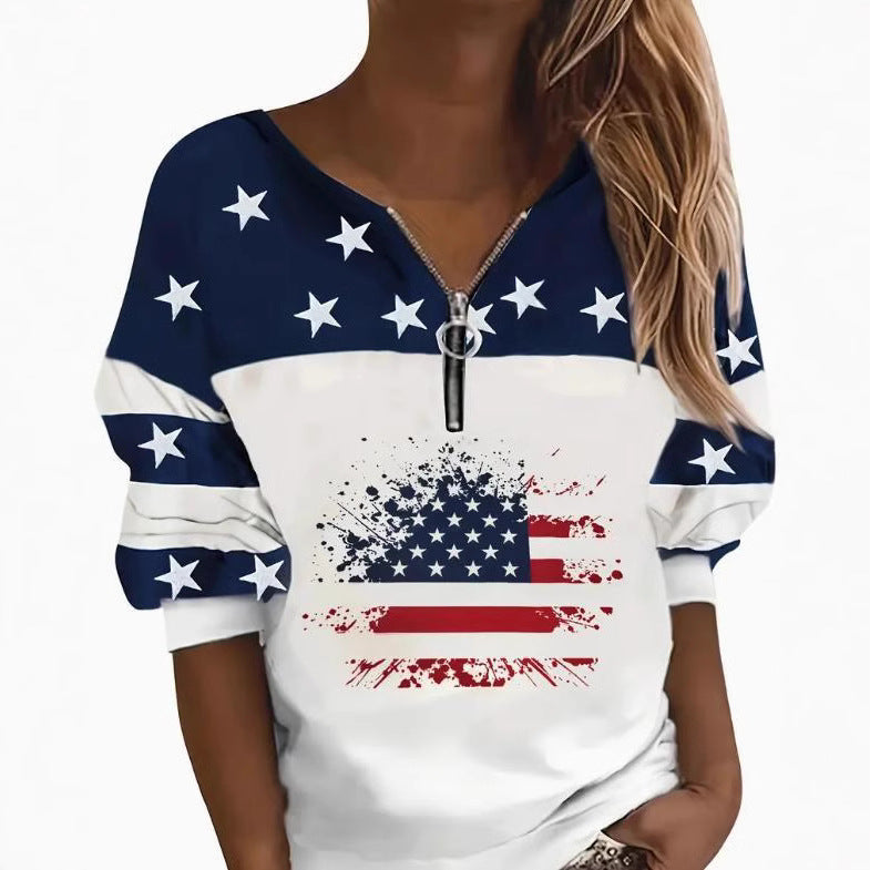 Trendy Afslappet Flag-Sweatshirt Med Halv Lynlås