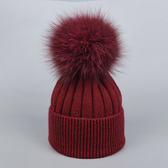 Fox Fur Warm Winter Hat With Ball For Women Child Girl Wool Thick Knitted