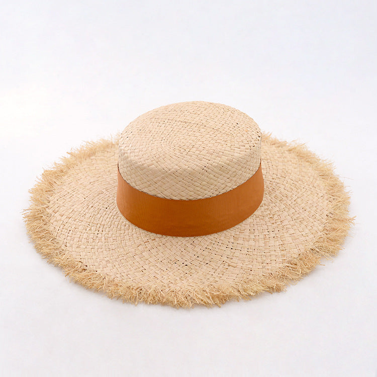 Women's Raffia Frayed Flat Big Brim Hat