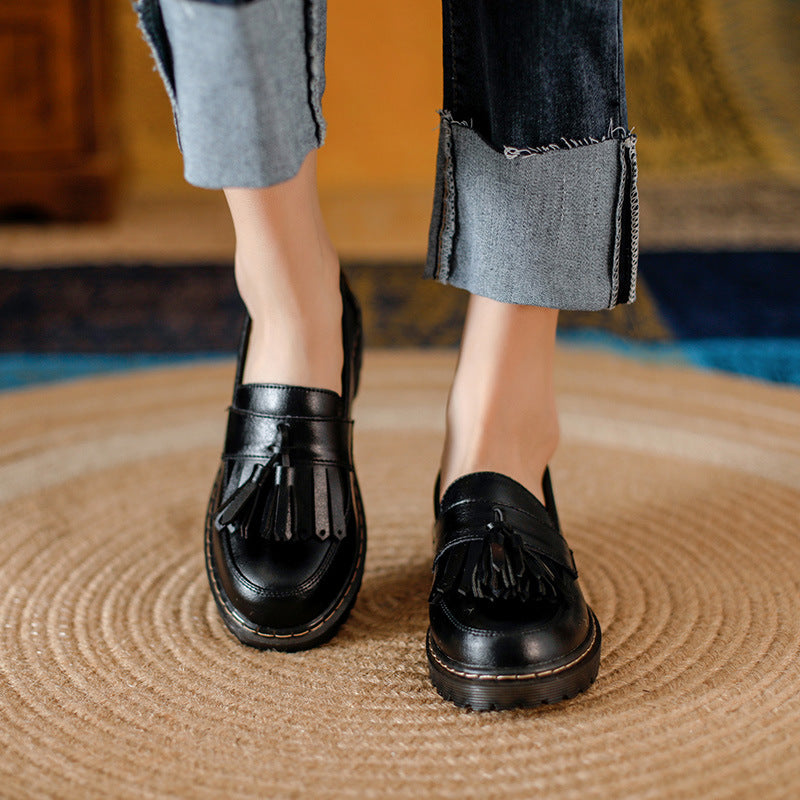 Tassel Retro Girls Artistic College Chunky Heel Loafers Leather Shoes