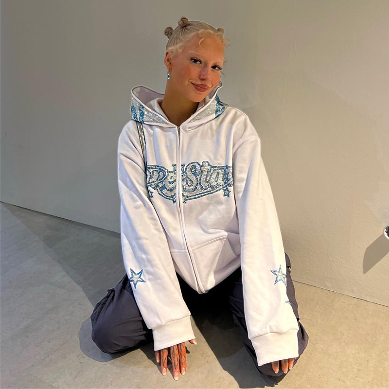 Rhinestone Letters Printed Loose Sweatshirt