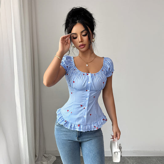 Elegant Figure-flattering Shirt With A Waist-cinching Design Floral Print And Puff Sleeves