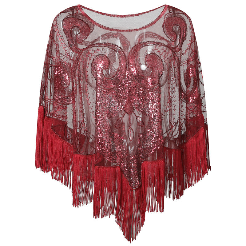 Loose Tassel Top Blouse Shawl Sequined Mesh Sequined Cloak See-through Small Outer Build