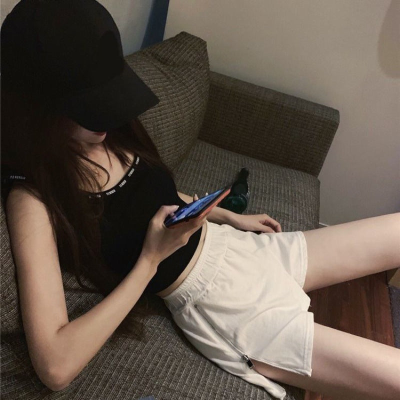 Loose high waist versatile zipper shorts