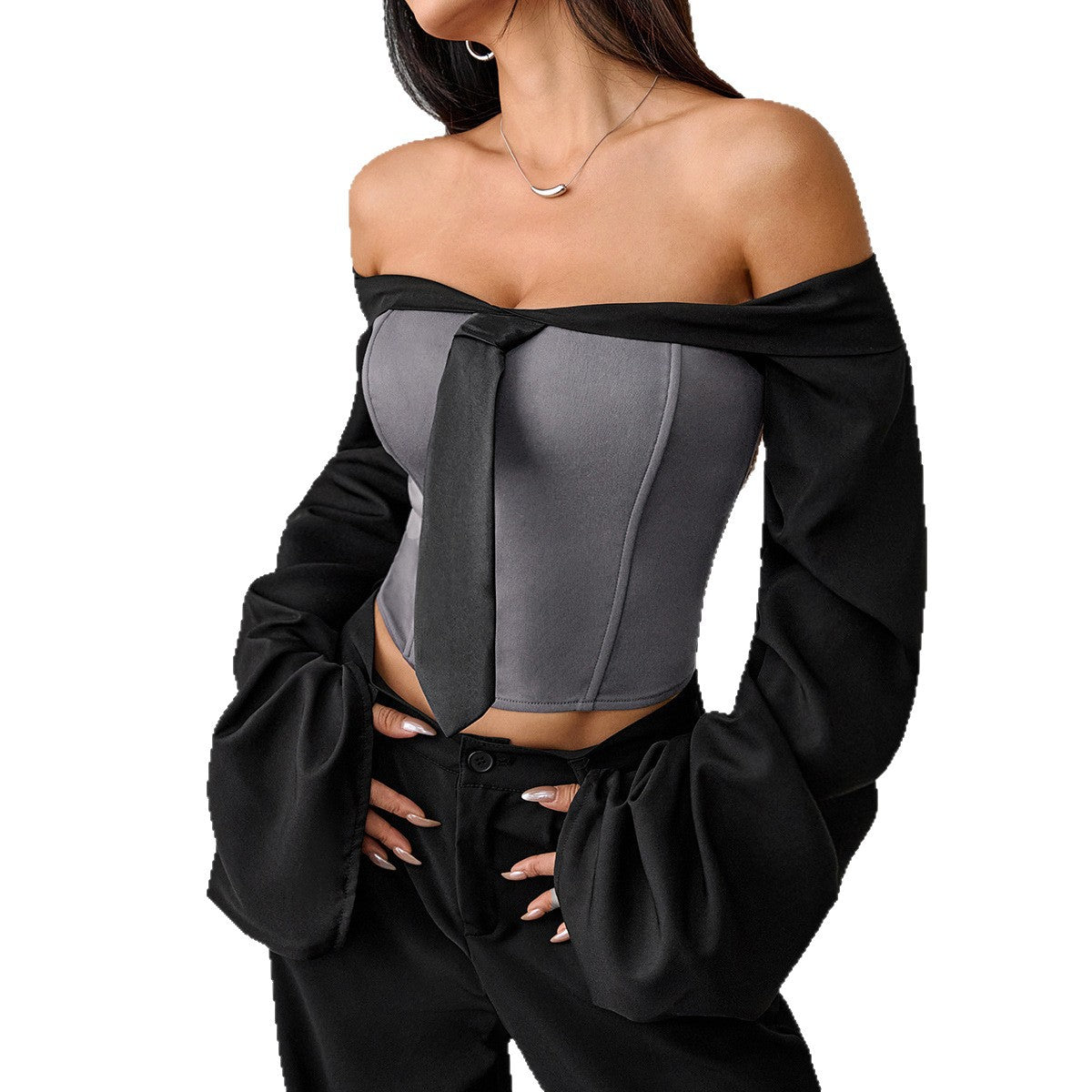 Women's Slim-fit Tie-neck Tube Top With Fishbone Design
