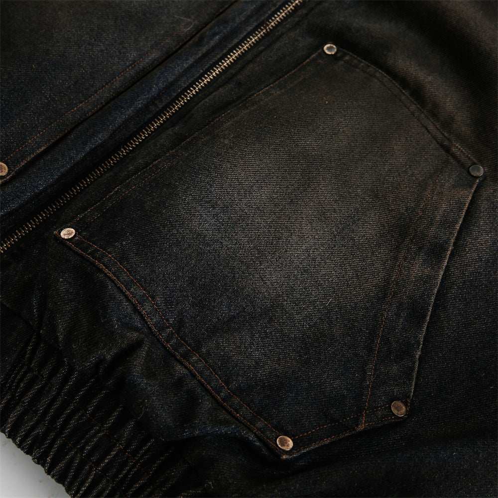 Distressed Dirty Denim Hooded Cotton Coat Jacket Winter Men