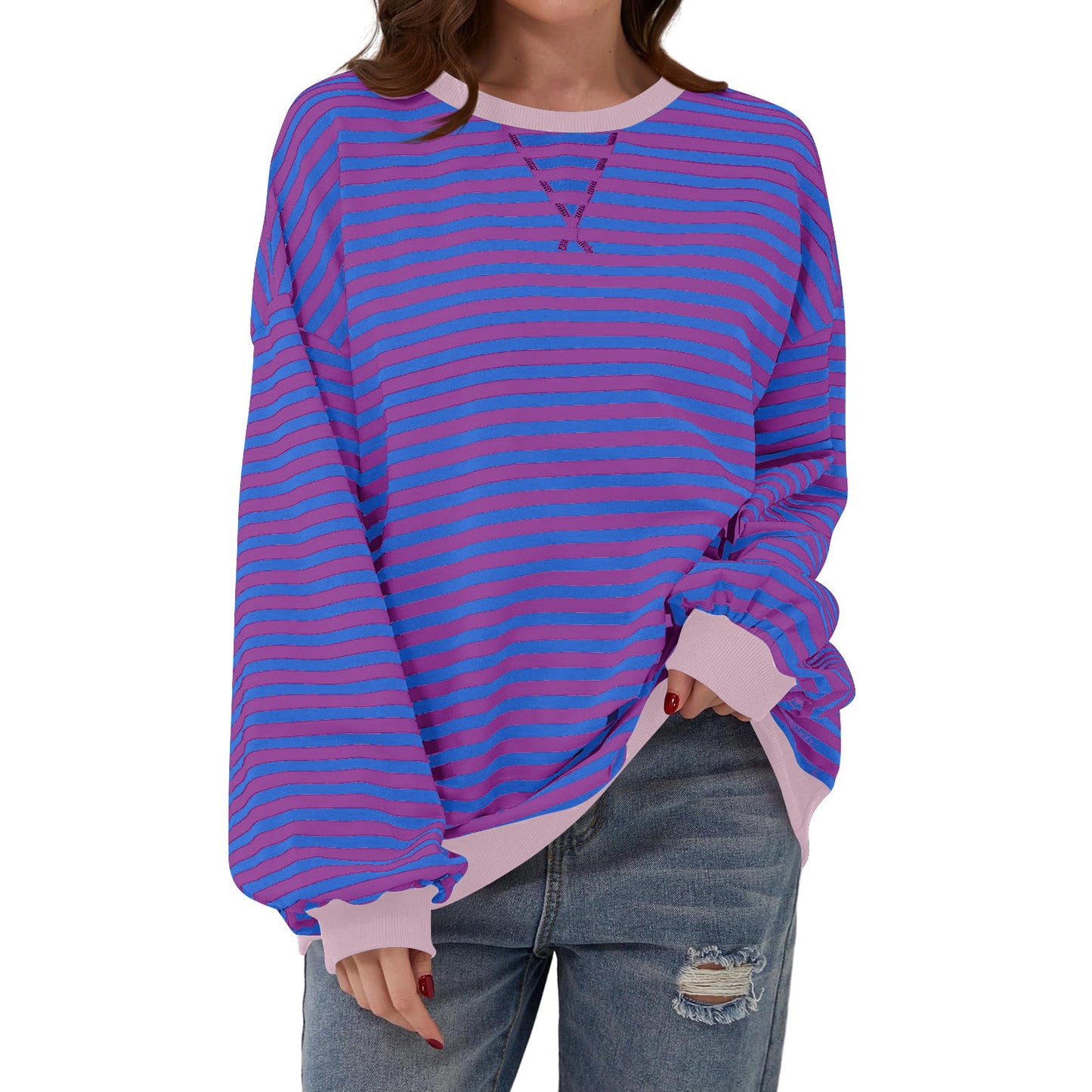 Løs stribet langærmet T-shirt afslappet pullover sweater til dametøj