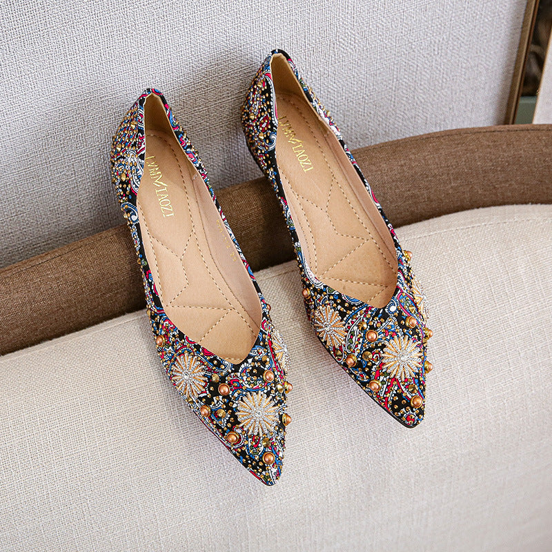 Printed Women's Flat New Temperament Rhinestone Rivet Shoes