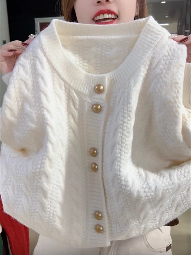 Twist Round Neck Pearl Buckle Soft And Comfortable Versatile Sweater Coat