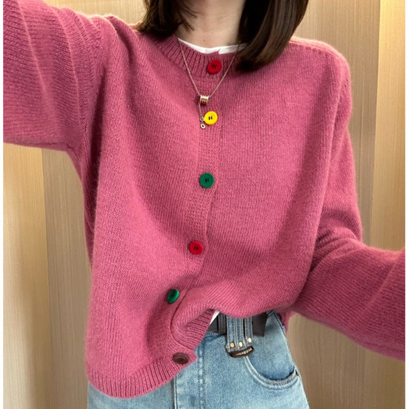 Korean-style Age-reducing Rainbow Single-breasted Round Neck