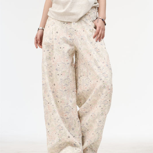 Female American Retro White Printed Graffiti Wide Leg Jeans