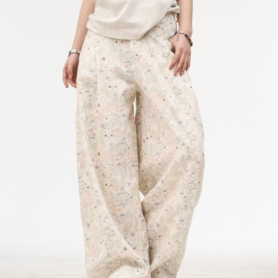 Female American Retro White Printed Graffiti Wide Leg Jeans