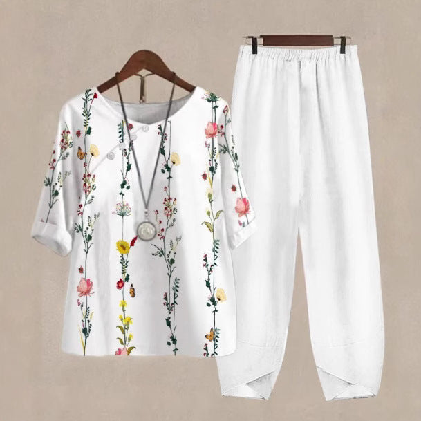Womens Casual Crew-Neck Cropped-Sleeve Top Set