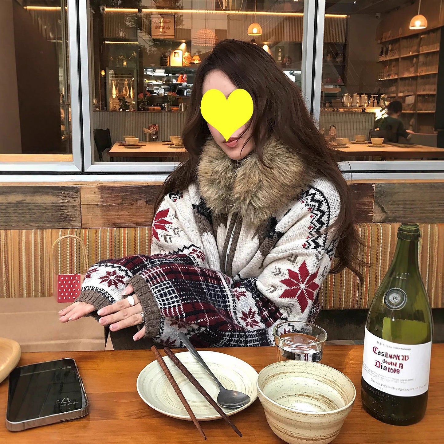 Womens Retro Color-Block Fur-Trim Cardigan Sweater