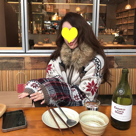 Womens Retro Color-Block Fur-Trim Cardigan Sweater