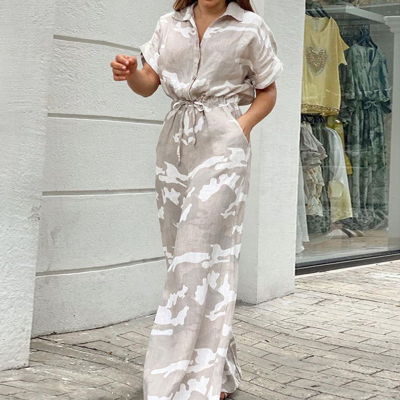 Mode Polo krave, printet, knaplukning, snøredetalje jumpsuit
