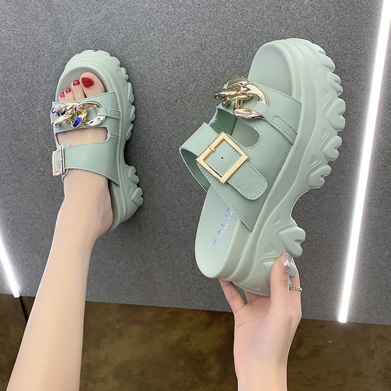 Metal Buckle Heightening Sponge Cake Sandals And Slippers