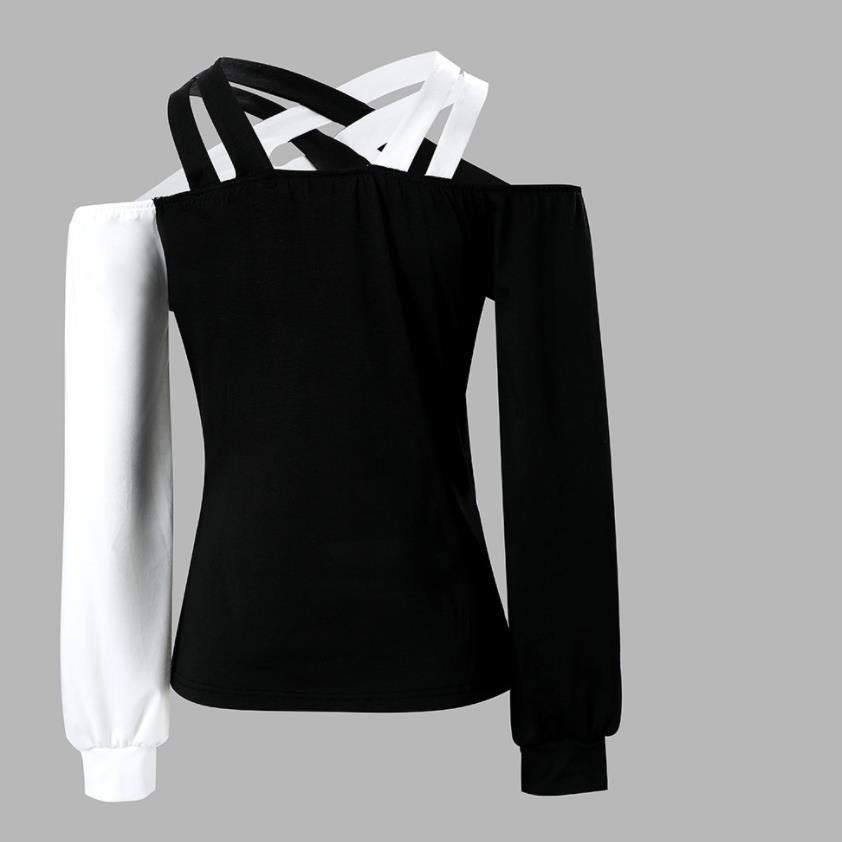 Black And White Patchwork Casual Fashion Cross Belt Women's Top