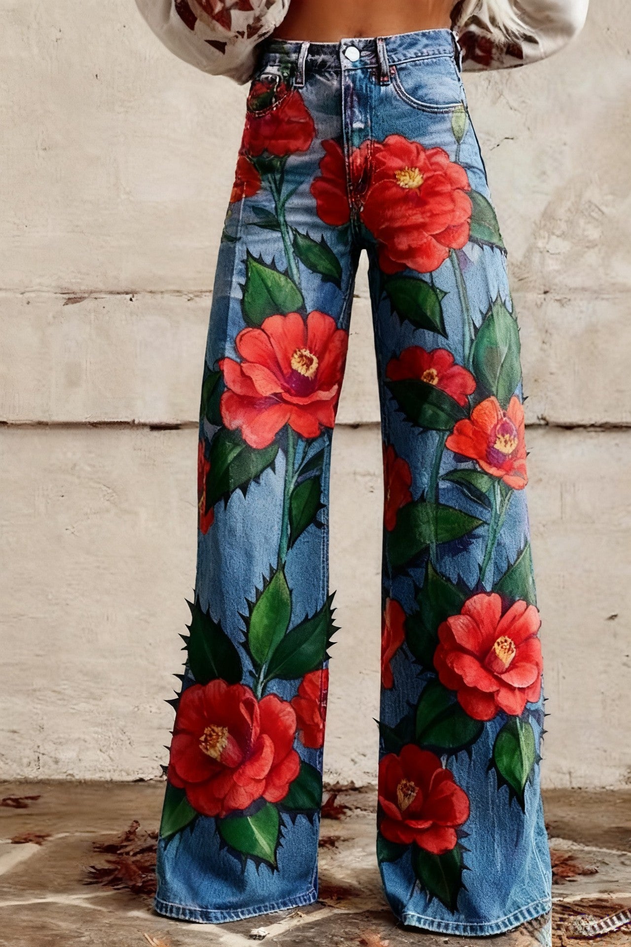 Floral-patterned Slim-fit Faux Denim Wide-leg Pants