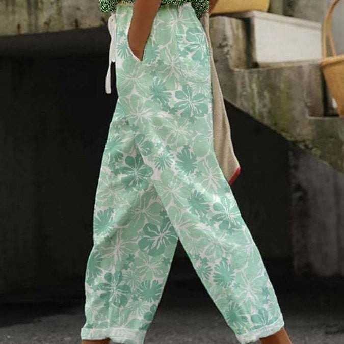 Digital Flower Printing Rag-eared Casual Pants