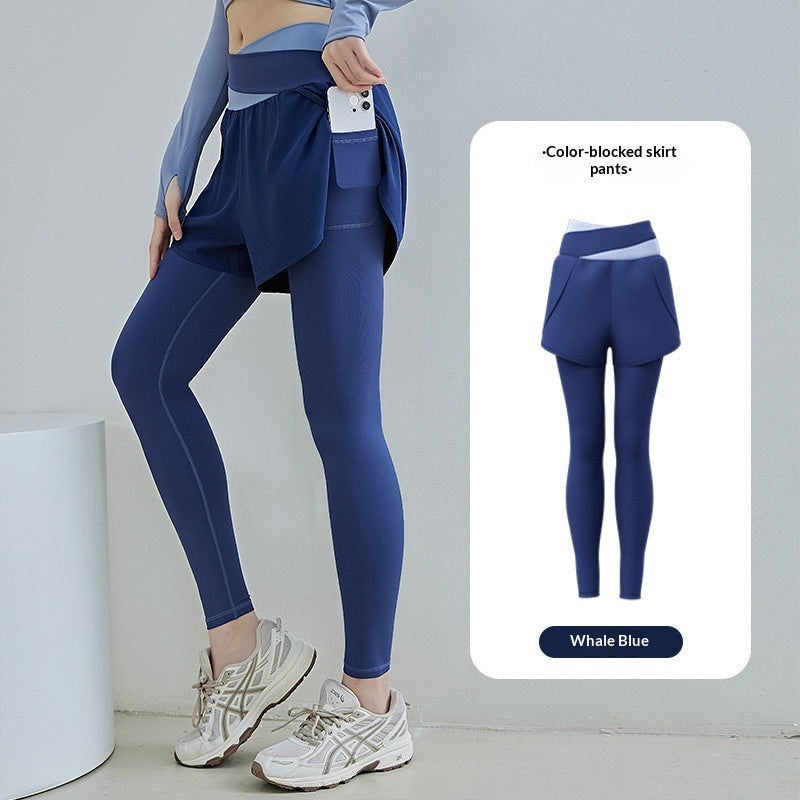 New Color-block Faux Two-piece Yoga Pants With Side Pockets