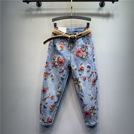Harem Fashion Loose And Thin Flower Print Casual Jeans Baggy Trend