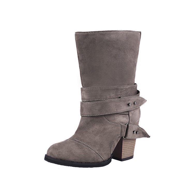 Large Size Thick Heel Belt Buckle Middle Tube Women's Boots