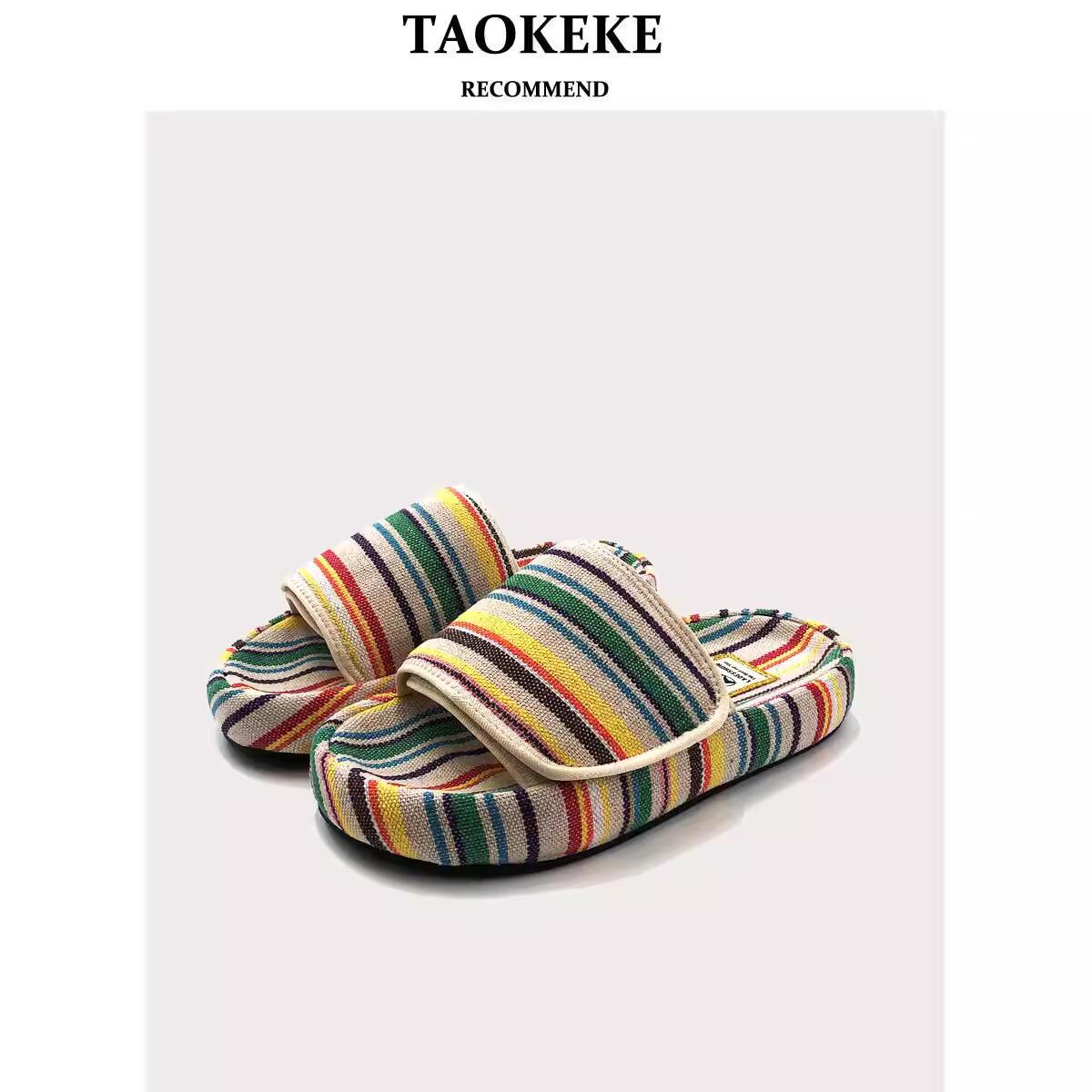 Paste Thick-soled Slippers Women Summer New Niche Design Rainbow Color Canvas Casual Outerwear Flip Flops