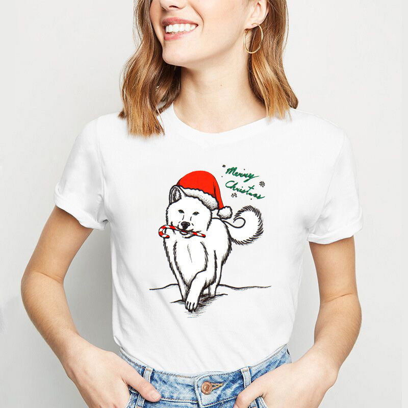 Christmas Lady Cute Dog Printed Short-sleeved Top Casual