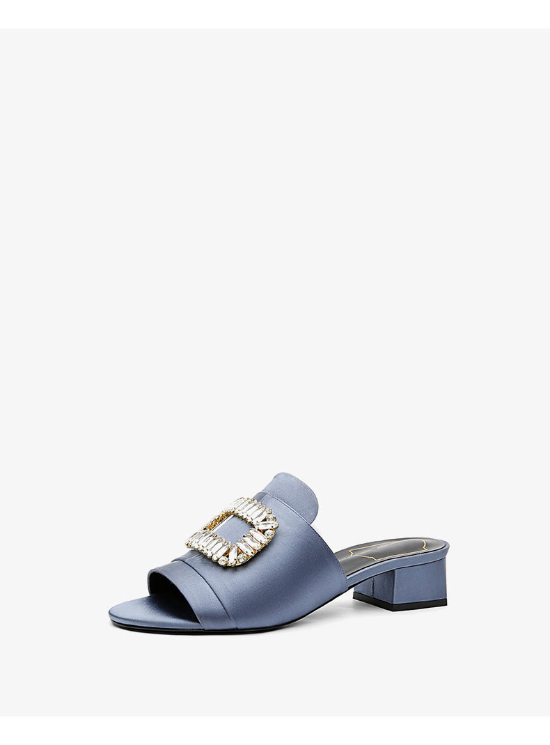Women Sexy Open-toed Rhinestone Square Buckle Thick Heel Fashion Slippers