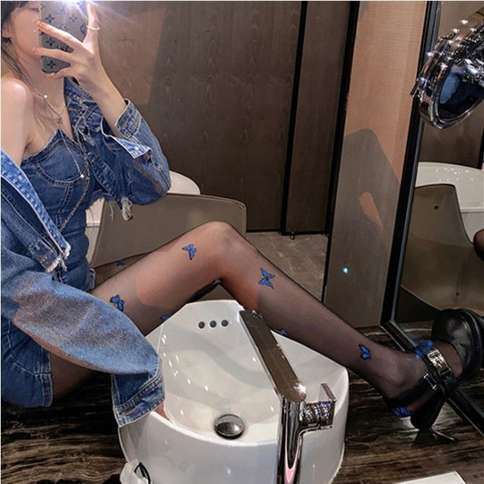 Blue Butterfly Stocking Women's Black Blue Butterfly Printed Ultra Thin Pantyhose Thin