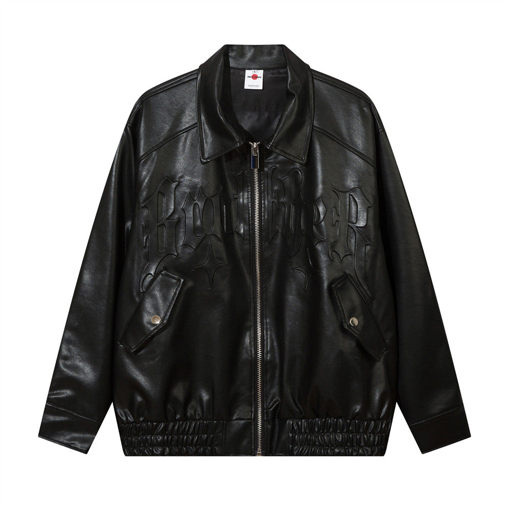 Solid Color PU Leather Coat Men