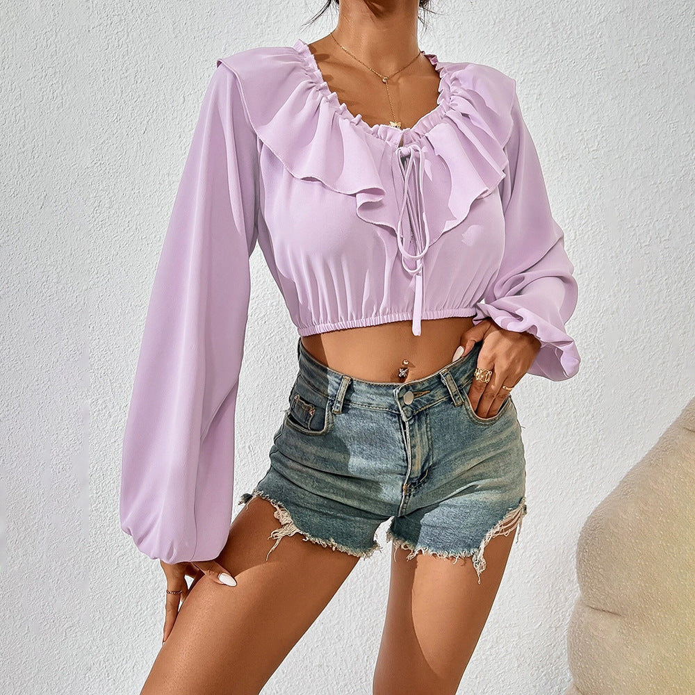 Women's Ultra-short Ruffled Collar Puff Sleeve Long-sleeved Top