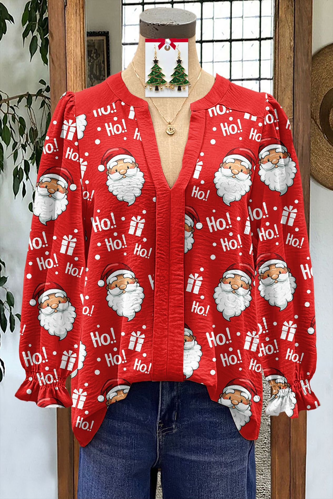 Women's Shirt Loose V-Neck Long Sleeve