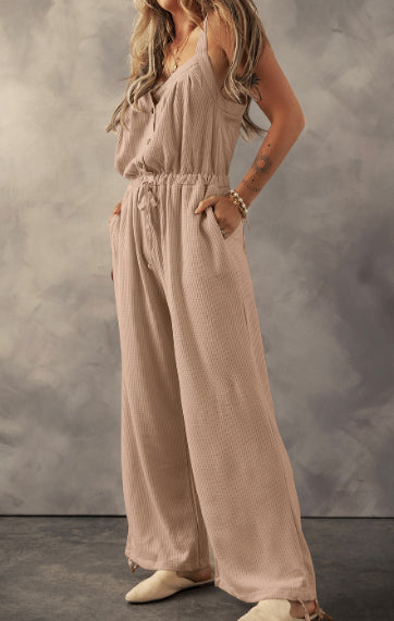 Pale Khaki Knotted Straps Button Textured Drawstring Jumpsuit