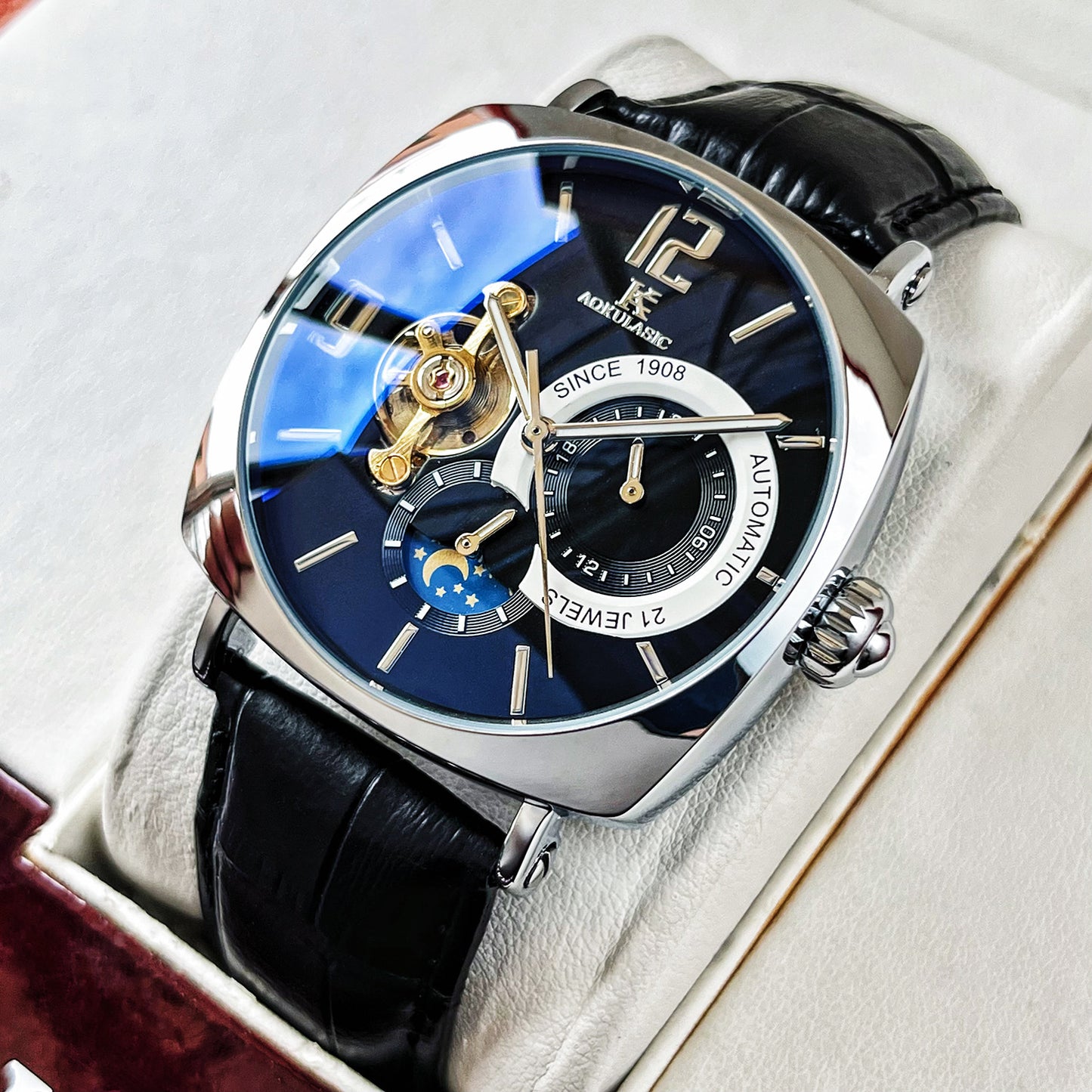 Mens Square Fully Automatic Mechanical Watch Casual Mens Wristwatch