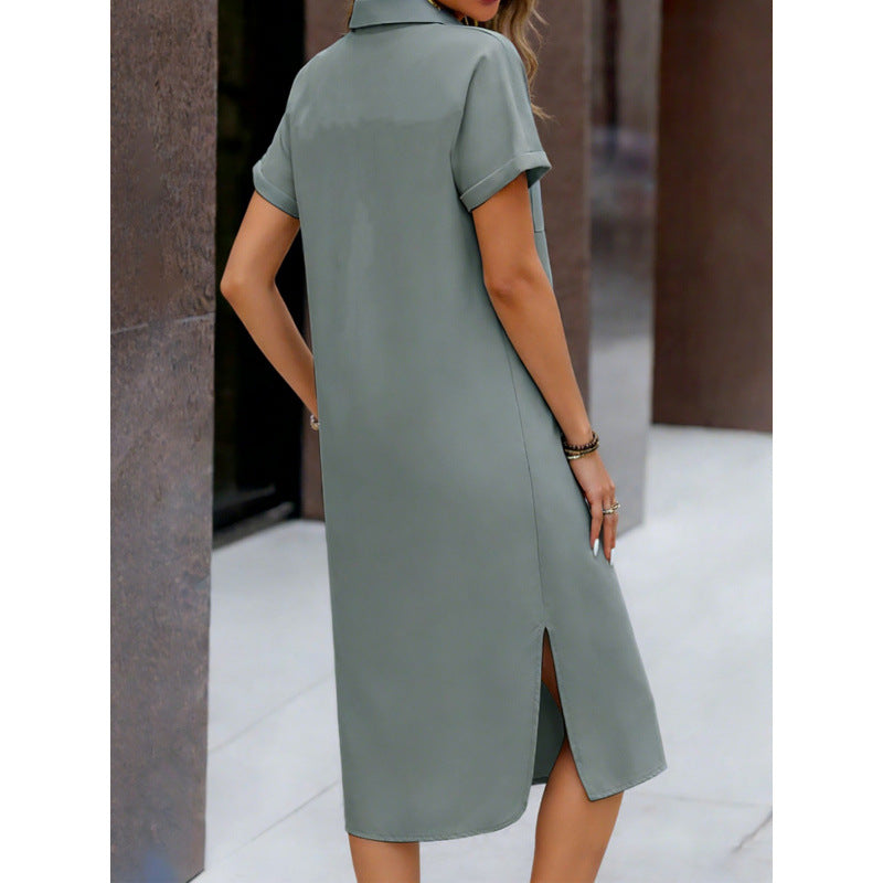 Mid-length Button-up Shirt Dress With A Lapel Collar