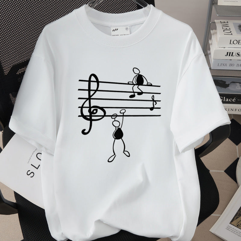 Music And Headphones Creative Print T-Shirt Loose Fit