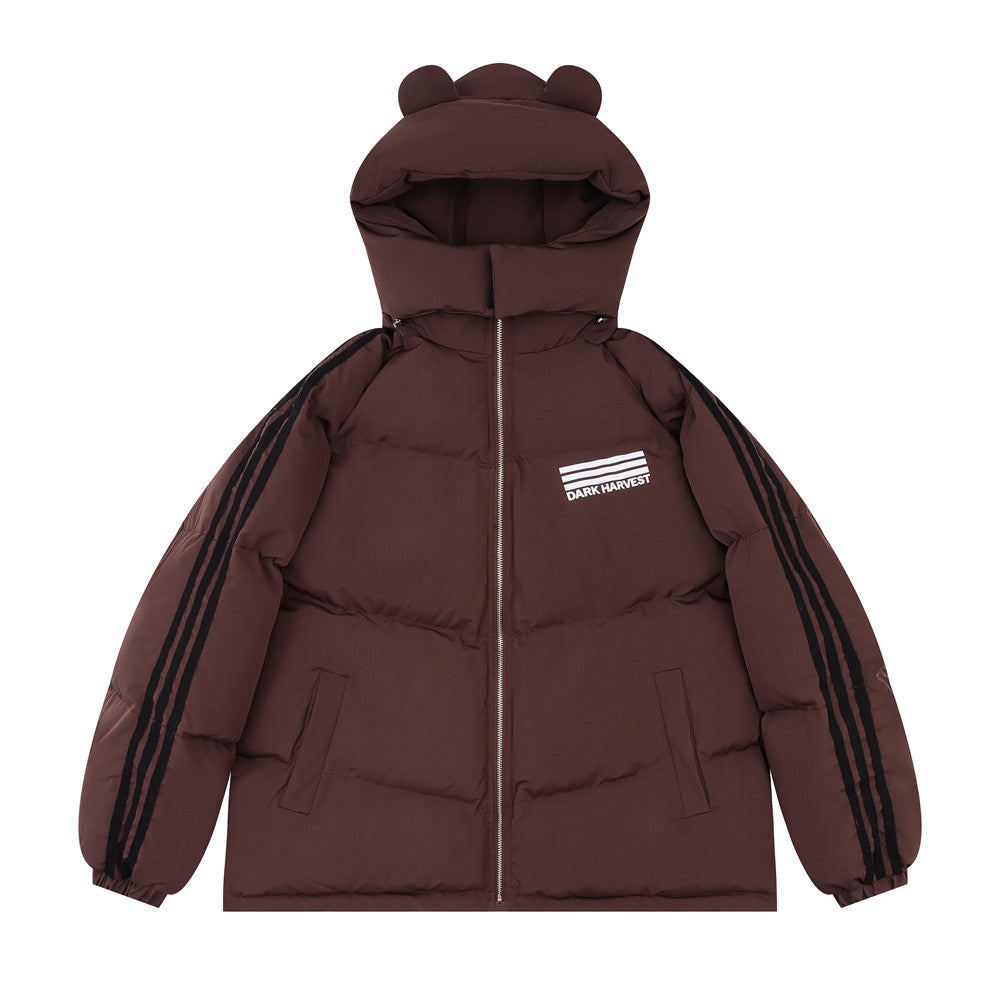 Bear Ears Hooded Ribbon Color Matching Three Stripes Striped Coat