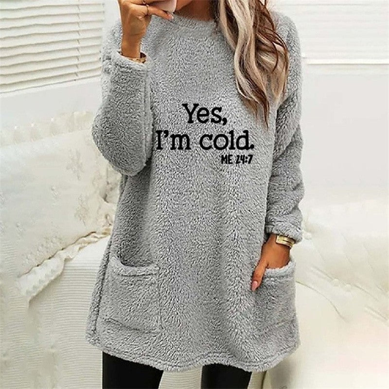 Women's Printed Round Neck Pullover Long Sleeve Pocket Double-sided Velvet Sweatshirt